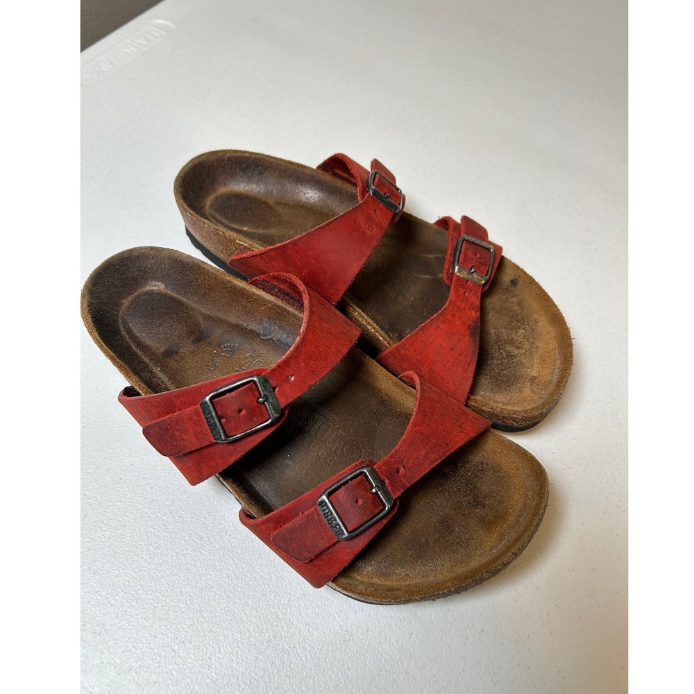 Birkenstock Arizona Sandals Women's 36 6.5 Red Leather Double Strap Slide Shoes
